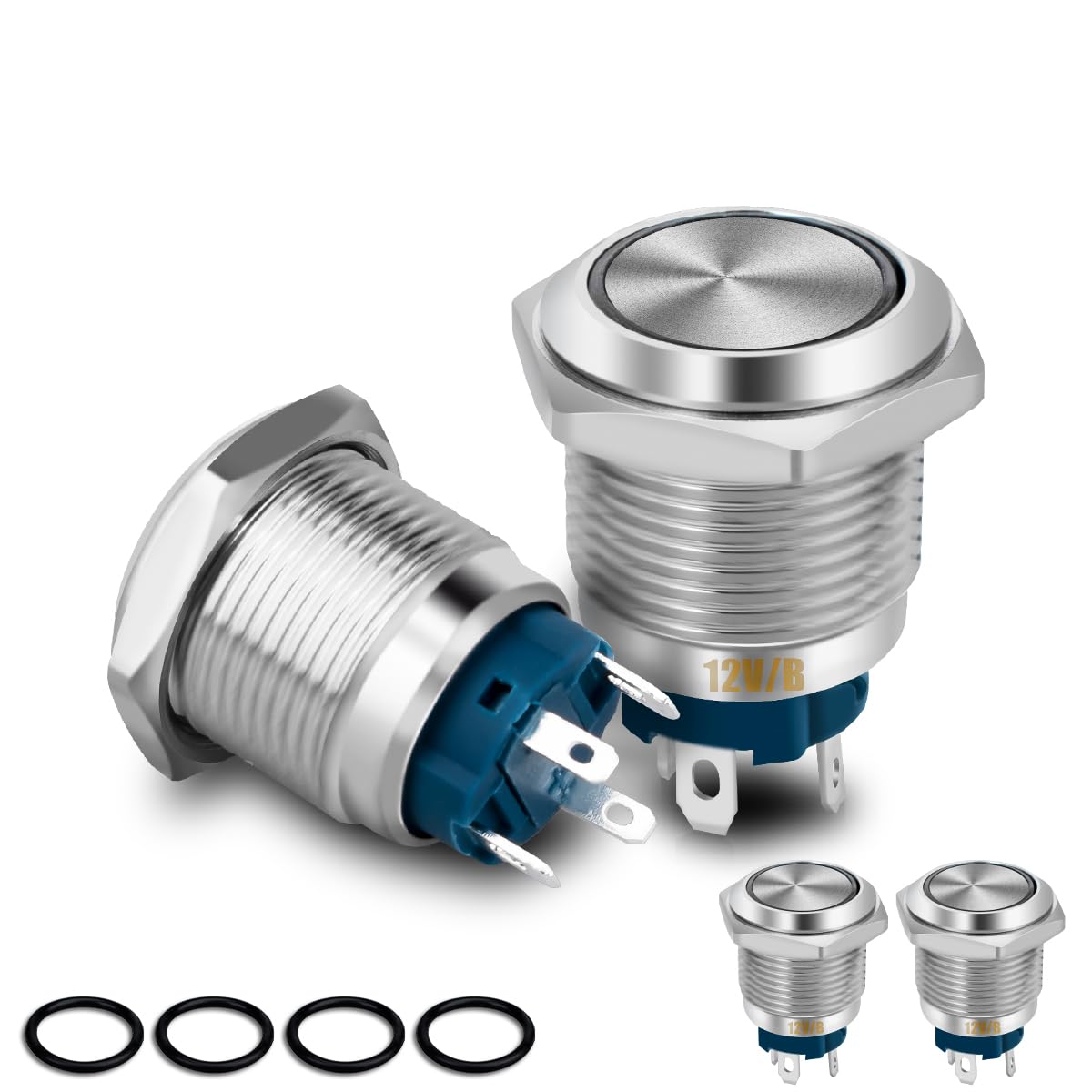 4 Pcs Interruptor de Botón Impermeable 12V SPST ON/OFF Interruptor para 16mm Agujero de Montaje 4 Pin Interruptor de Enclavamiento de Metal con Anillo de Luz LED Azul