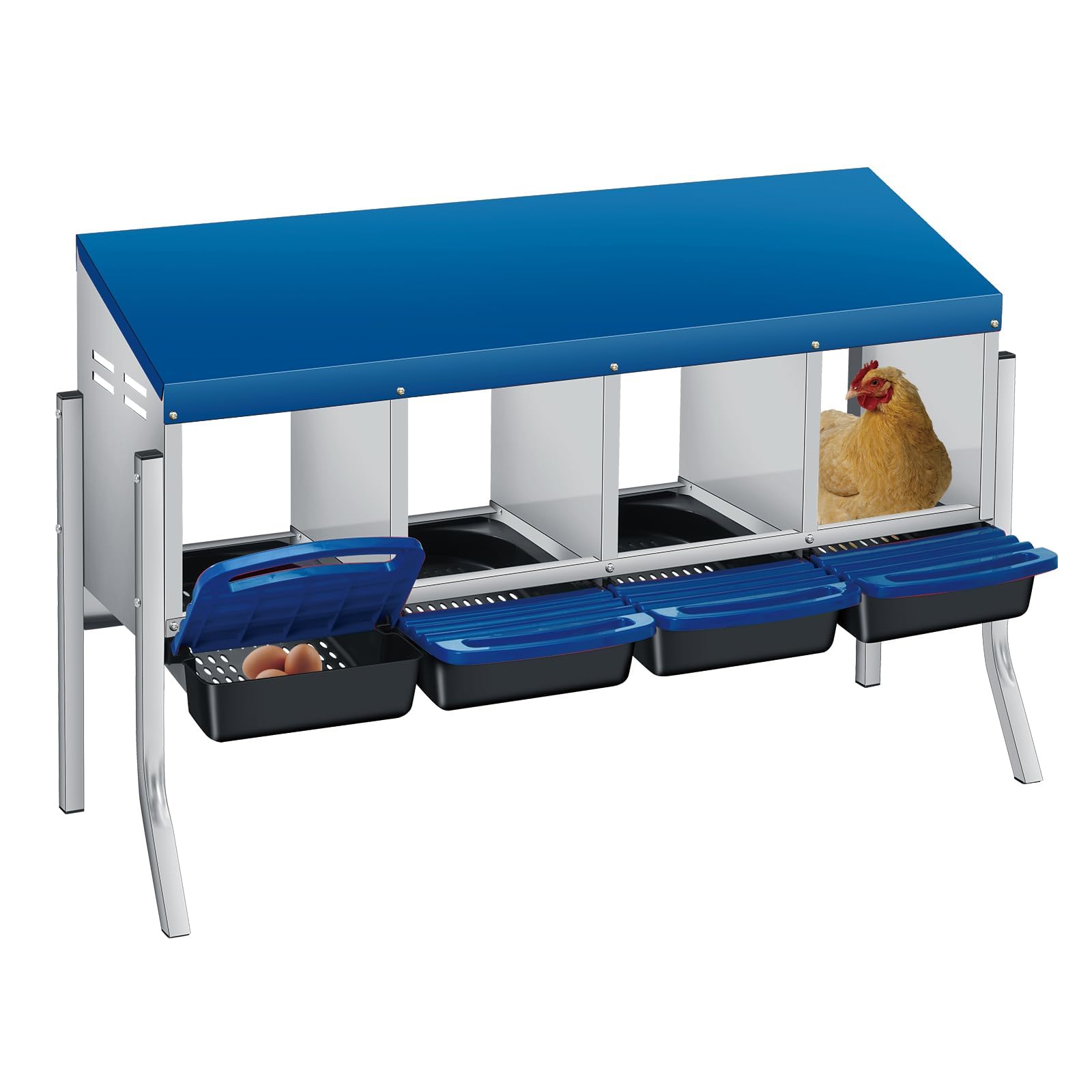 Garvee Nido para gallinas ponedoras de 4 Compartimentos con Patas de Soporte, Caja Nido de Acero galvanizado con Recogida de Huevos automática, Techo Azul y bandejas extraíbles para gallinero de
