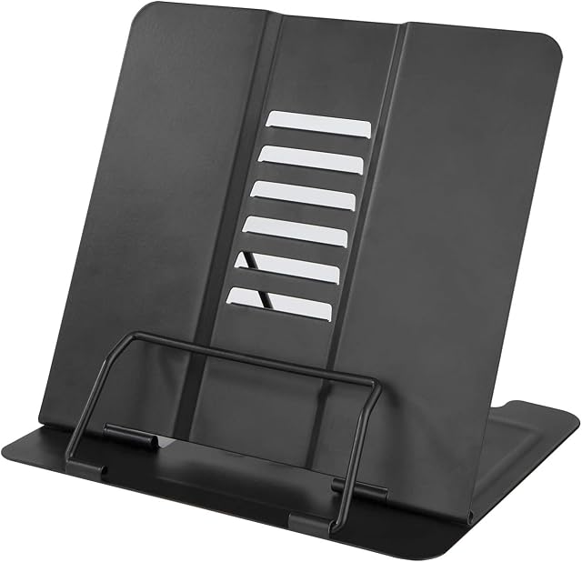 MaoXinTek Book Stand, Cookbook Reading Rest Holder with 6 Adjustable Angles and Paper Page Clip, Sturdy Metal Display Racks for Recipe, Textbook, Document, Music Book, Sturdy and Foldable (Black)
