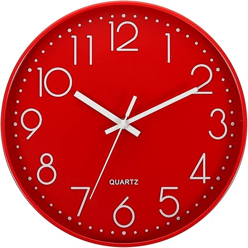 PATIKIL Reloj de pared de 12 pulgadas, funciona con pilas, silencioso, sin tictac, para decoración de oficina, dormitorio, color rojo