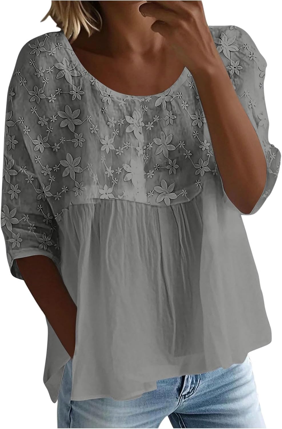 Womens T Shirts 3/4 Length Sleeve Tops Blouses Dressy | 3/4 Length Sleeve Womens Tops and Blouses Dressy Casual Floral Crewneck T Shirts Loose Fit Fashion Clothes