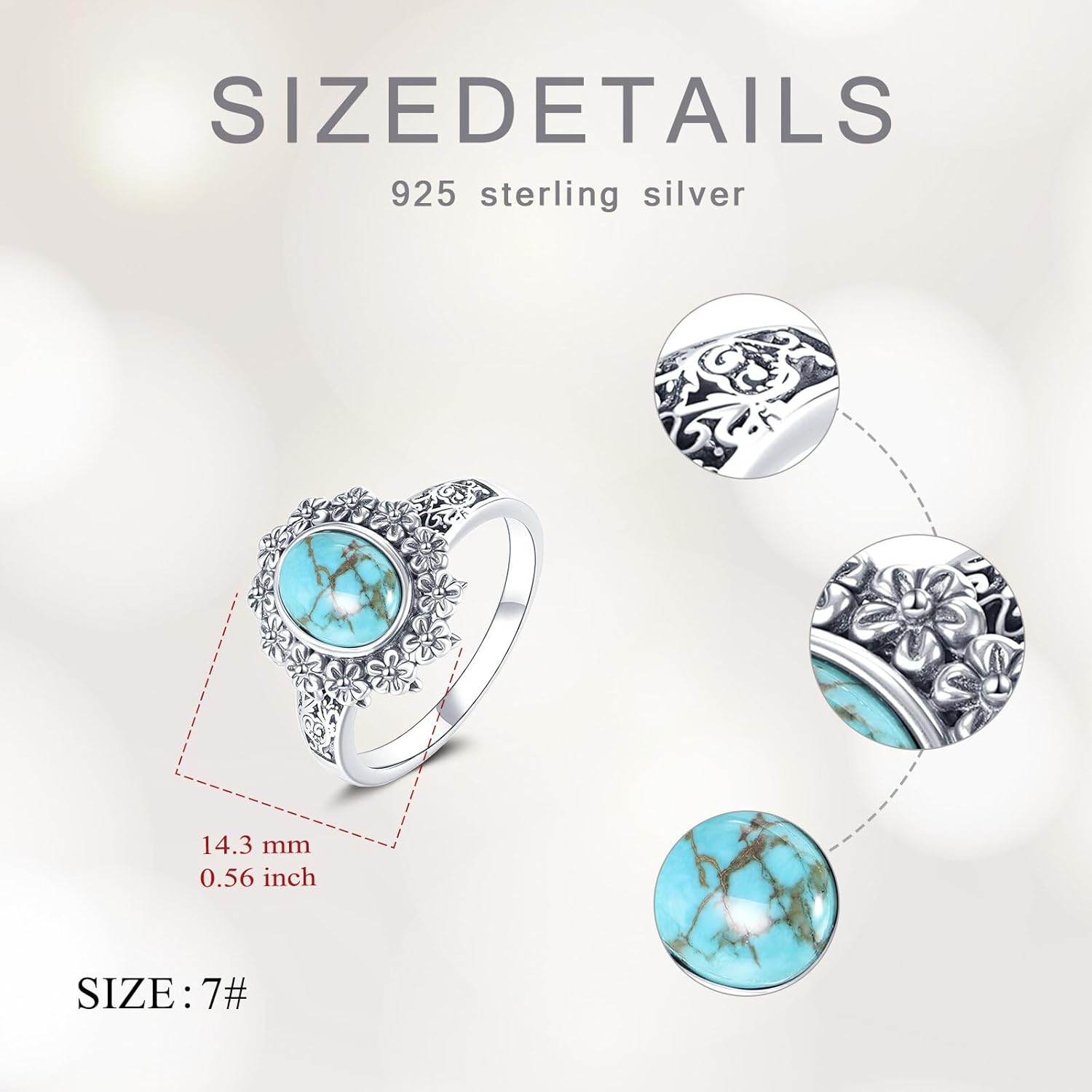 Natural Turquoise Ring for Women 925 Sterling Silver Vintage Flower with Oval Cut Turquoise Ring - Image 6