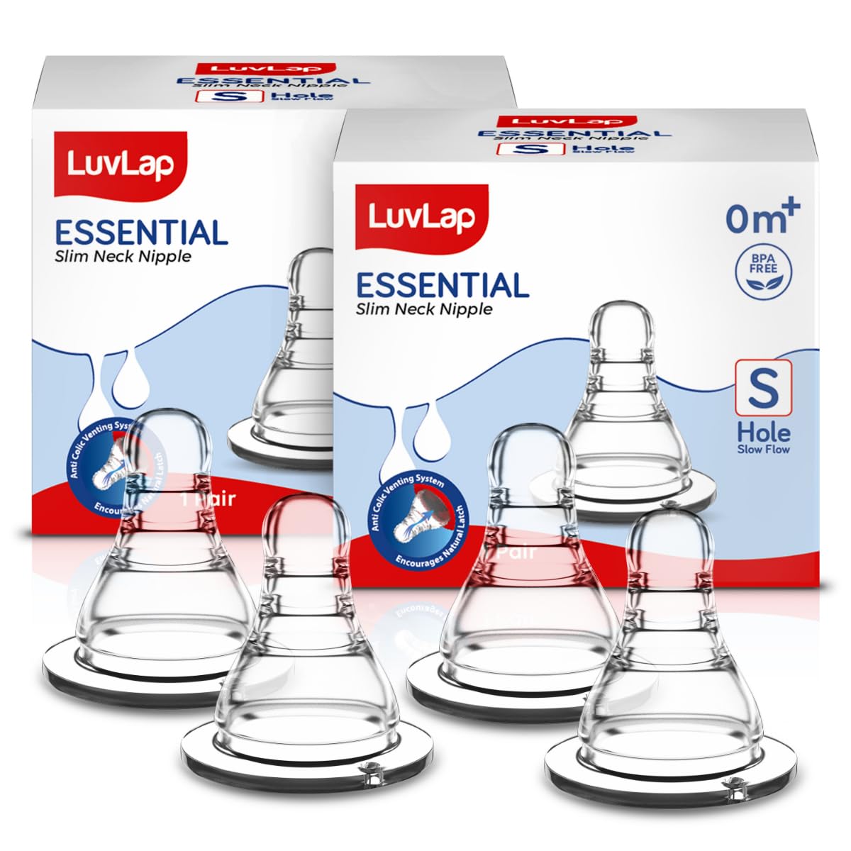 LuvLap Anti-Colic Essential Teat/Nipple for Slim Neck Bottle,4pcs Slow Flow, 0m+, Made of Soft & Flexible Silicone, Ergonomic Shape, Mimics Breastfeeding, Leak Proof, BPA Free, Comes with Sturdy Base