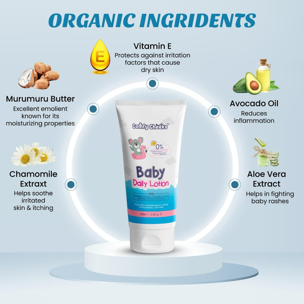 Comfy Cheeks Baby Daily Lotion | Chamomile, Murumuru Butter, Aloe Vera And Avocado Oil Extract Helps Fighting Baby Rashes For Baby | Dermatologist Tested | (Pack of 1) Comfy Cheeks Baby Daily Lotion | Chamomile, Murumuru Butter, Aloe Vera And Avocado Oil Extract Helps Fighting Baby Rashes For Baby | Dermatologist Tested | (Pack of 1)