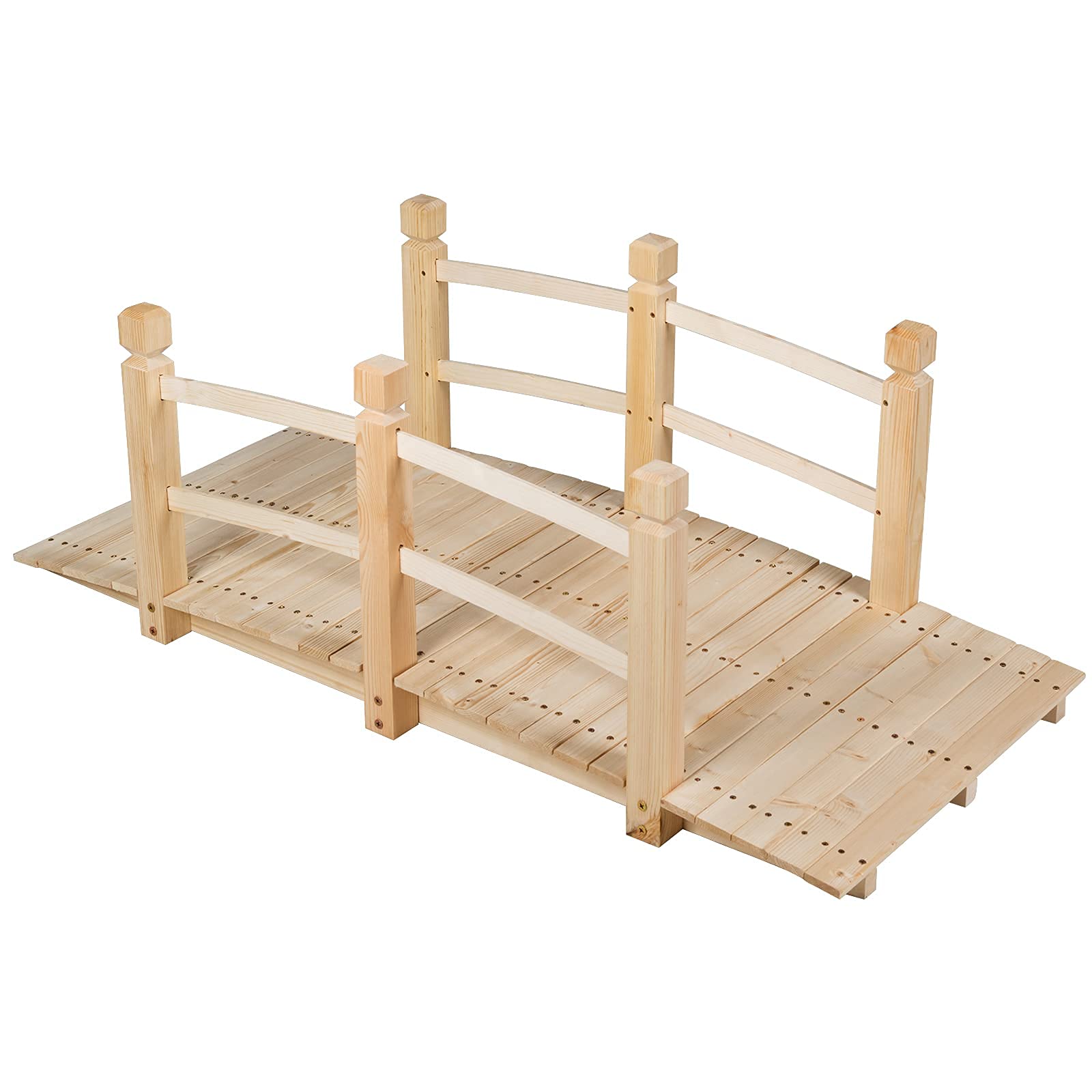 GOPLUS Puente de Madera Rústica y Maciza con Mano Corriente, Decoración de Jardín, Puente de Estanque, Soporta Peso Máximo 100 KG, 150 x 67 x 55 CM, Natural