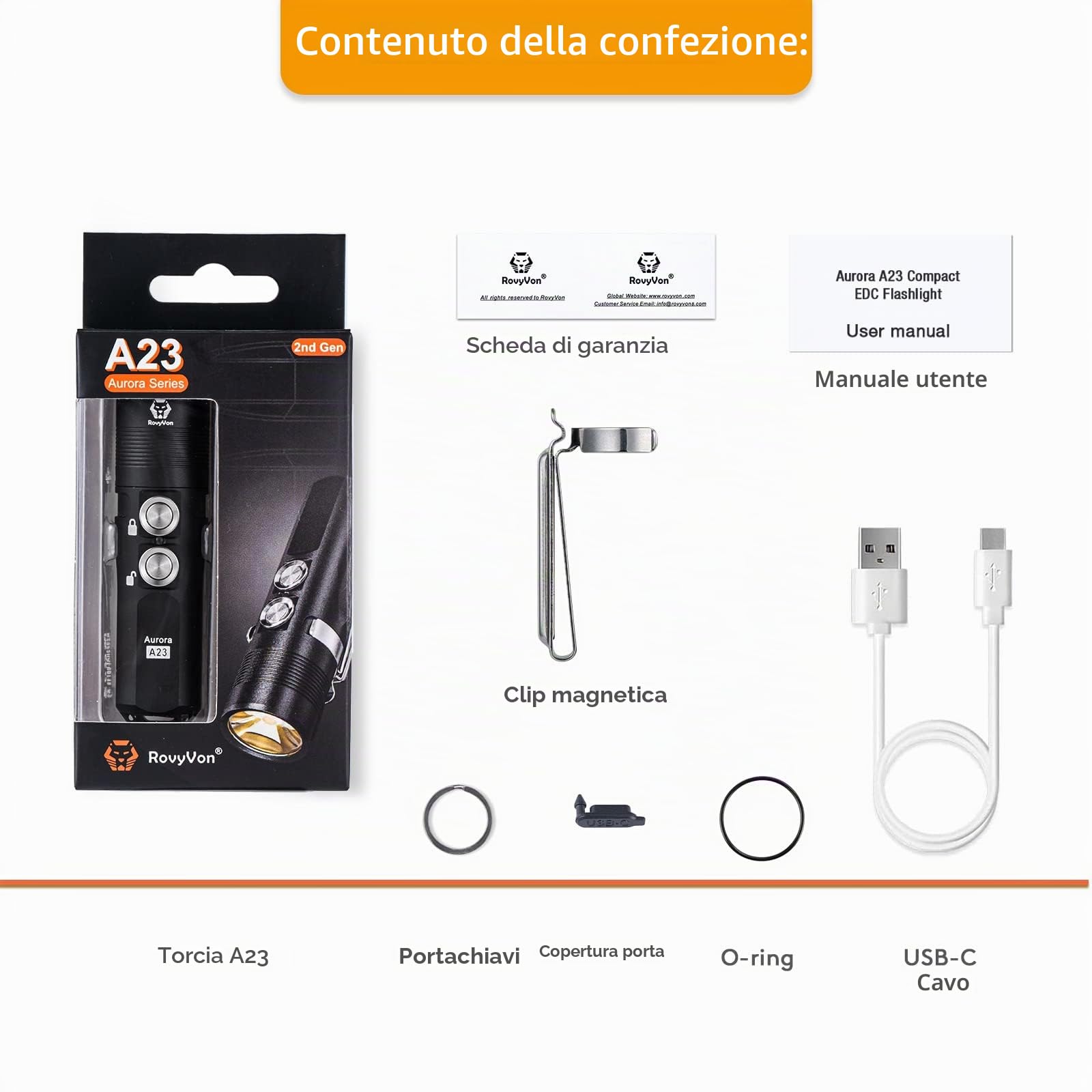 RovyVon Aurora A23 - Portachiavi piccolo torcia elettrica 1000 lumen super luminoso con clip magnetica tascabile ricaricabile USB-C, impermeabile IPX8 in metallo, strumento di emergenza EDC (nero)