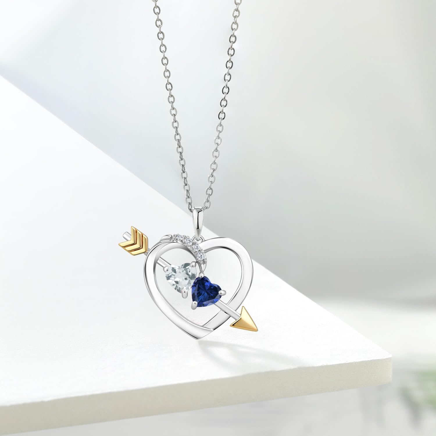 Gem Stone King 0.96 Ct Sky Blue Aquamarine Blue Created Sapphire 925 Silver and 10K Yellow Gold Lab Grown Diamond Pendant - Image 4