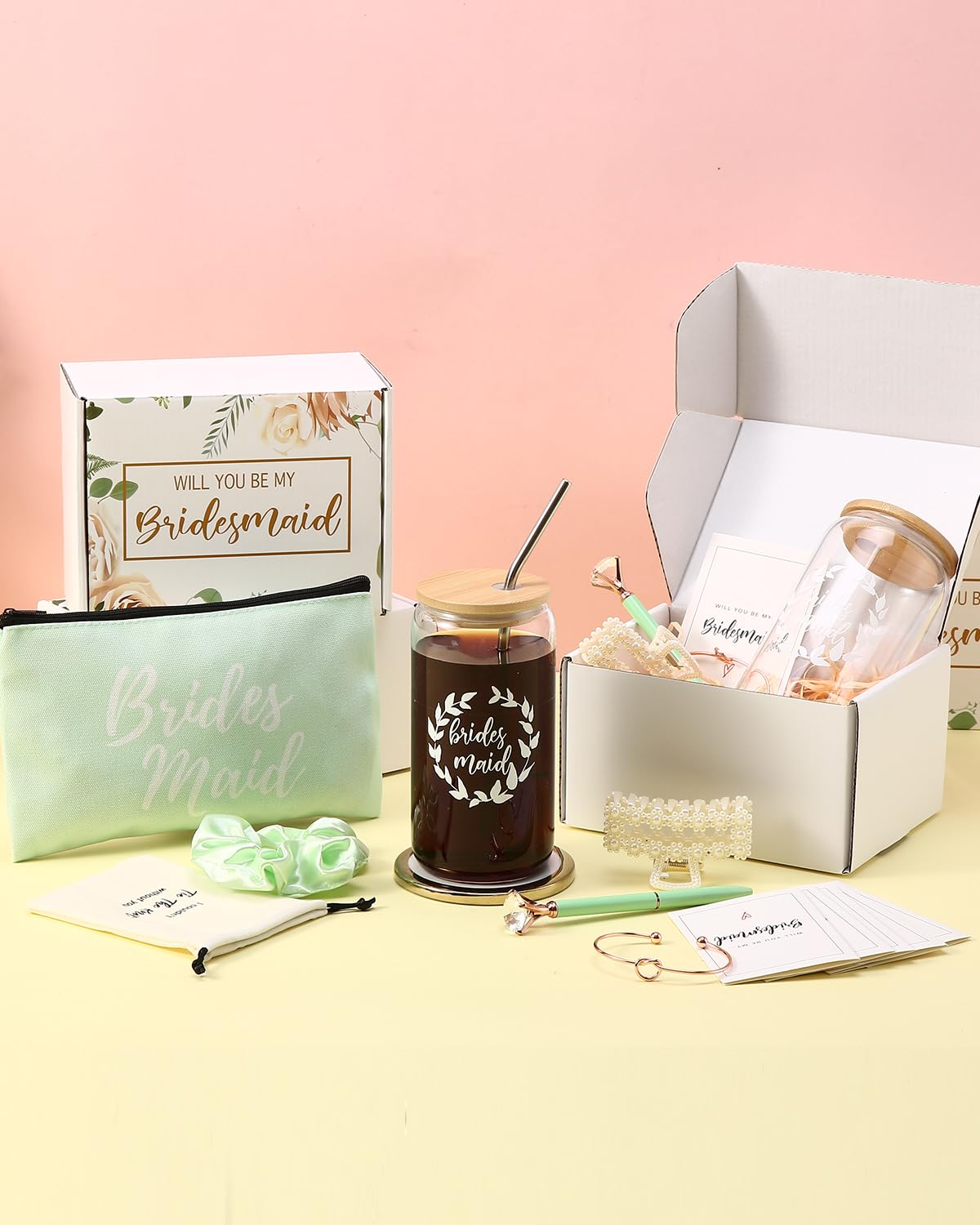 Set da 48 pezzi per proposta di damigella d'onore, set regalo per addio al nubilato, include tazze da caffè ghiaccio da 473 ml, sacchetti per il trucco, regalo Will You Be My Bridesmaid of Honor