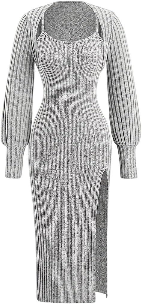 Women's Ribbed Knit Two Piece Crop Top Spaghetti Strap Midi Dress