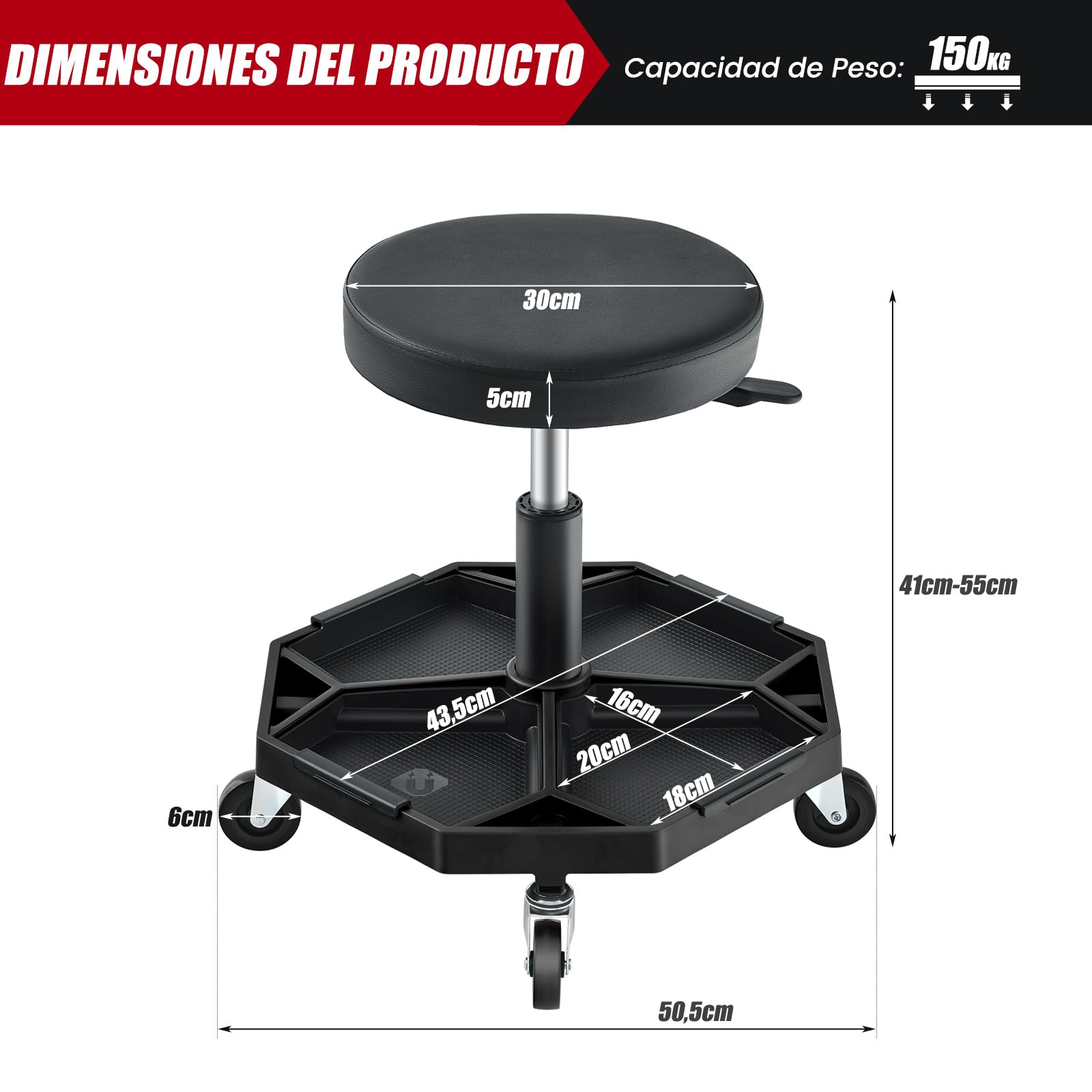 COSTWAY Neumático Rodante Taburete Mecánico, Asiento Ajustable con Asiento Acolchado de 150 KG, Bandeja para Herramientas, Taburete Rodante para Garaje y Taller de Reparación de Automóviles (Negro)