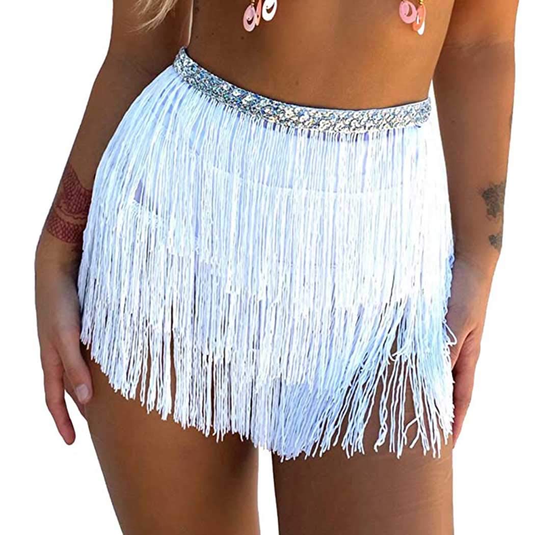 VictrayFringe Skirt Belly Dance Hip Skirts Tassel Sequins Scarf Beach Wrap Party Costume for Women and Girls (White)