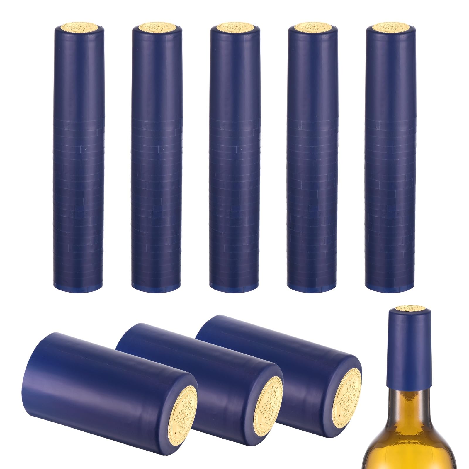 sourcing map 150Pcs PVC Heat Shrink Capsules, 32mm x 50mm Wine Bottle Capsules Shrink Wrap Sleeves Bottle Corks Caps for Wine Making Cellars and Home Kitchen, Gold Grape/Blue