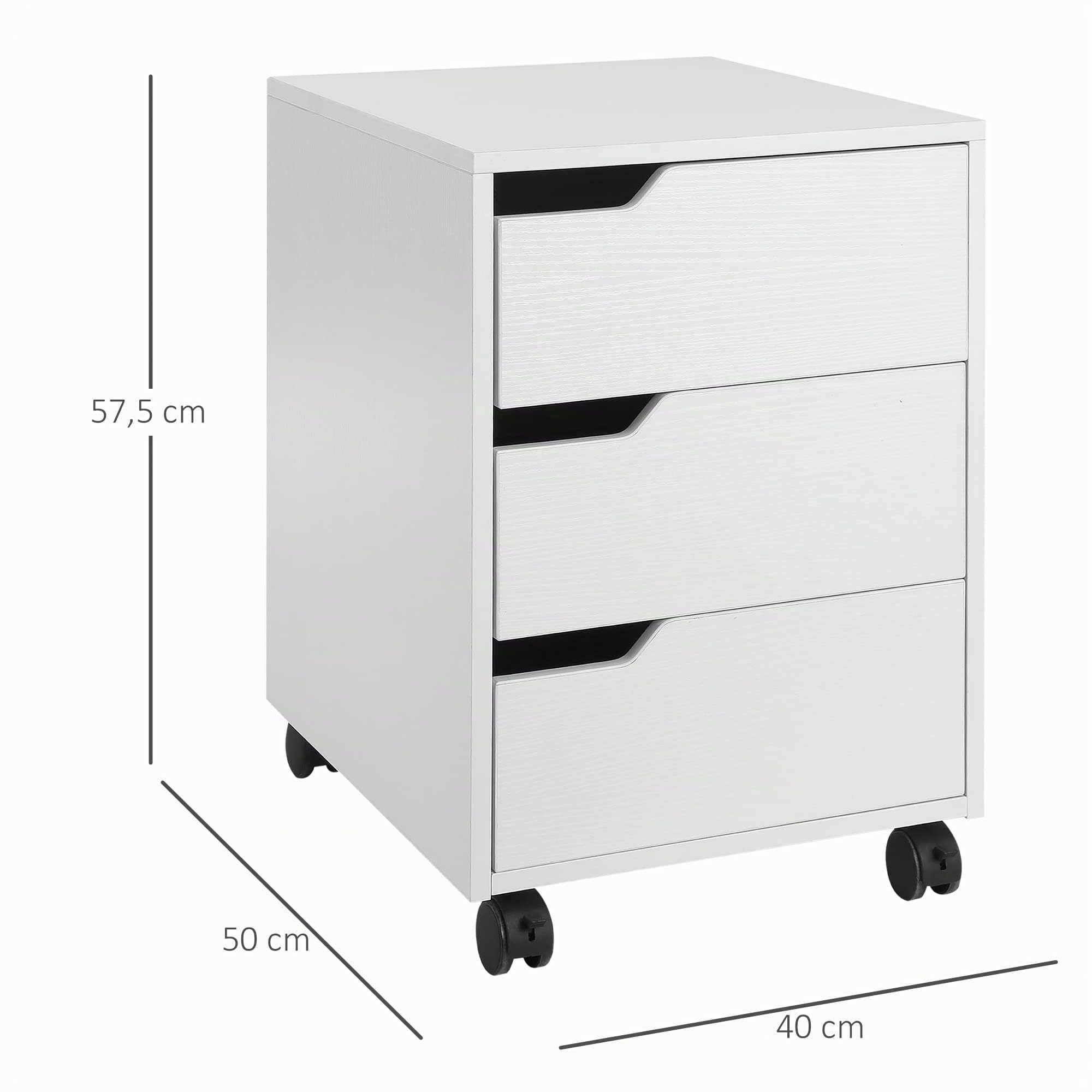 Caisson de bureau rangement sur roulettes 3 tiroirs verrouillables 40 x 50 x 57,5 cm MDF blanc