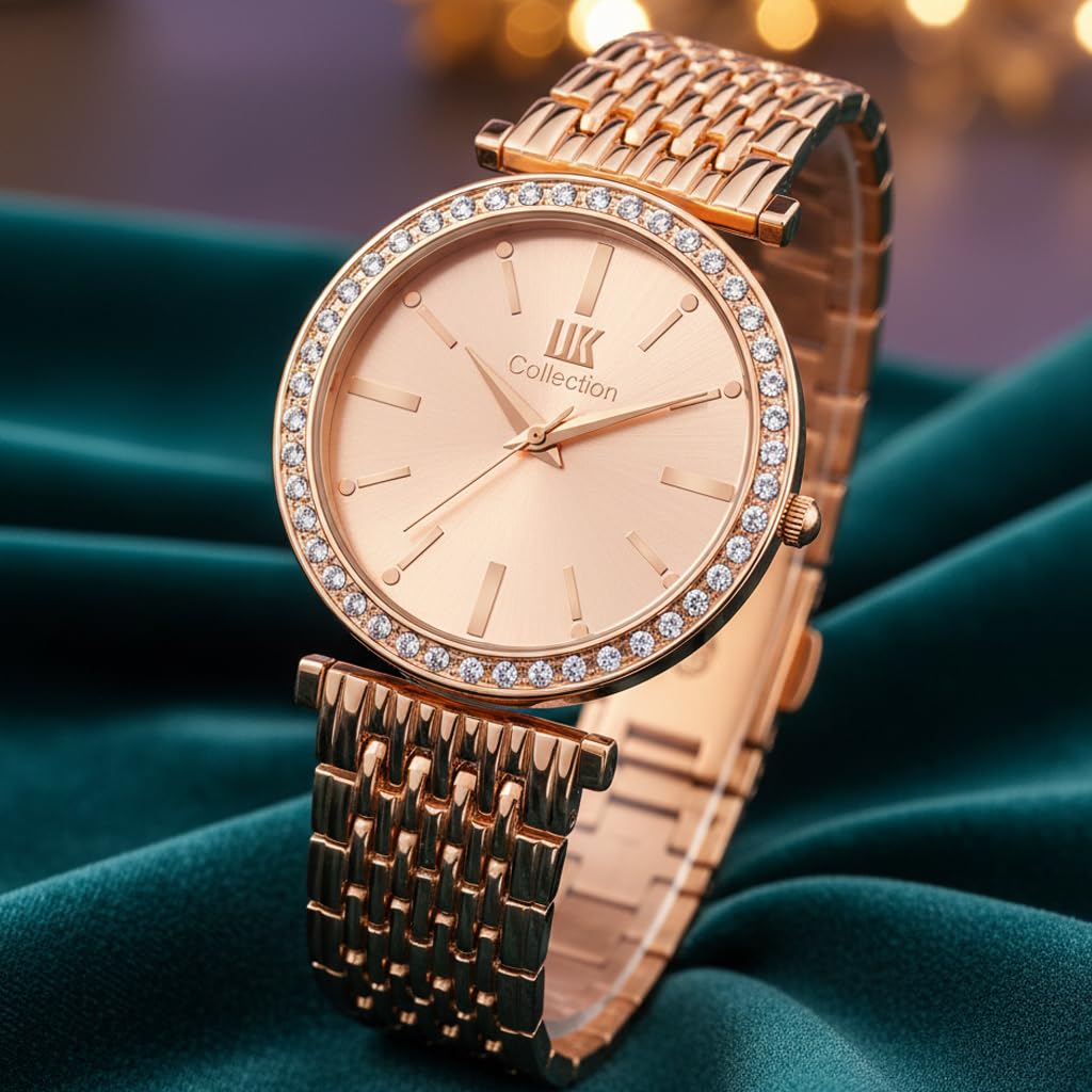 Watches for Women Round Diamond Studded Dial Girls Watches Analogue Quartz Movement Ladies Watch Stainless Steel Adjustable Bracelet Chain Fancy Jewellery Clasp Watches for Girls.
