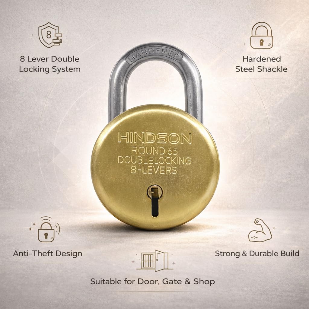 HINDSON Lock and Keys Door Lock for Home Round 65 Padlock with 3 Keys Double Locking 8 Lever gate, Shop Shutter Gold Finish (65mm, Steel, Pack of 2) — Amazon image 5