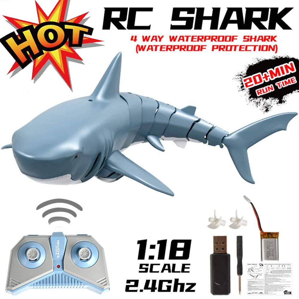 Mini RC Fish Shark Boat, RC Boat 2.4G Remote Control Electric Racing Boat Simulation Shark Toy USB Rechargeable for Swimming Pool Toy