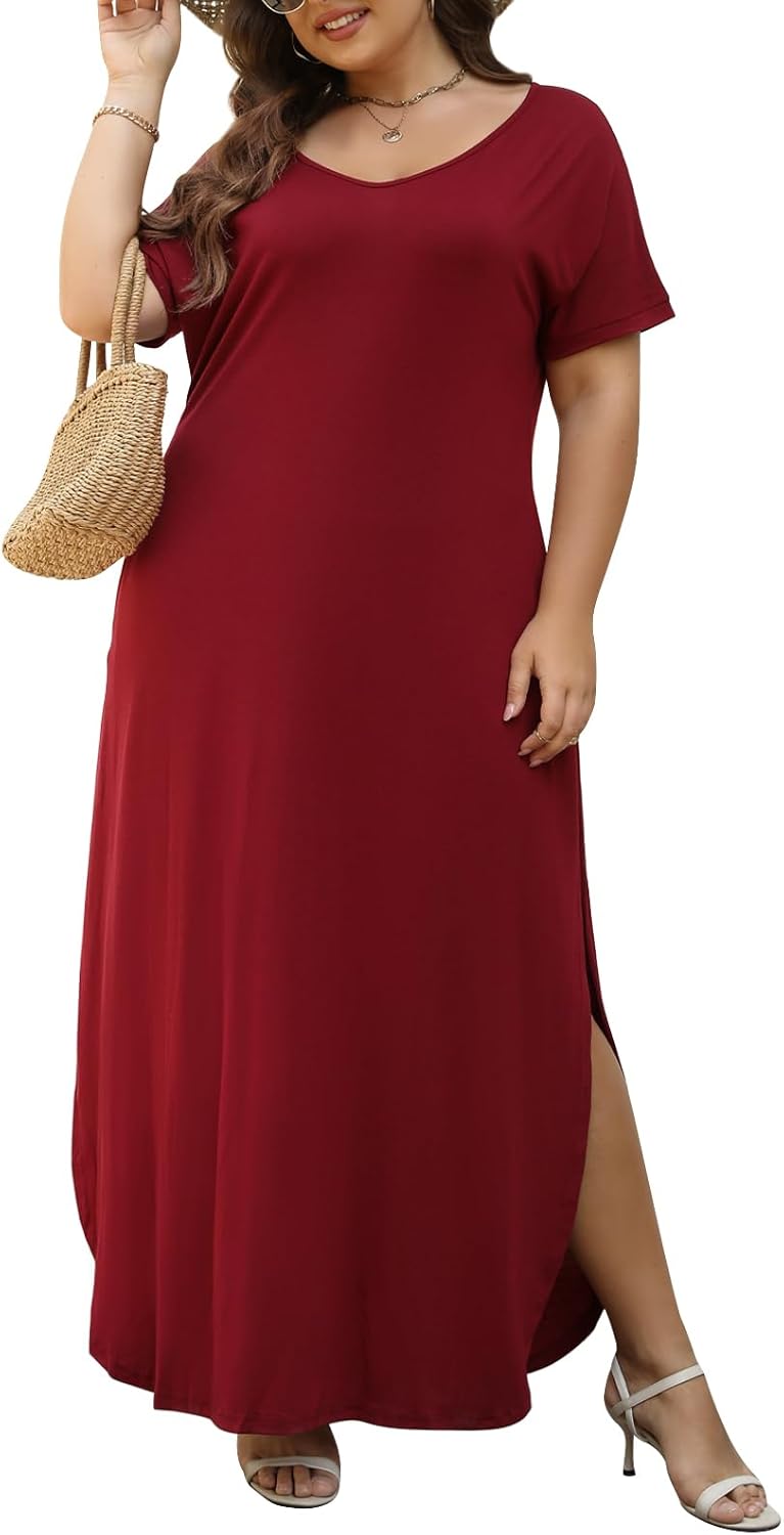 Nemidor Plus Size Maxi Dresses for Curvy Women Casual Summer Slit Loose Short Sleeve Long Dress with Pocket 14-26