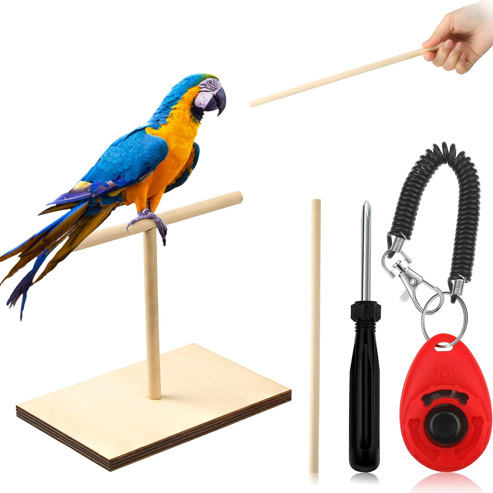Cunno 3 Pcs Bird Training Stand Kit, Parrot Training Clicker Portable Tabletop Bird Perch and Target Stick, Wooden Spin Perch Clickers with Wrist Strap for Parakeet Conure Lovebird Cockatiel