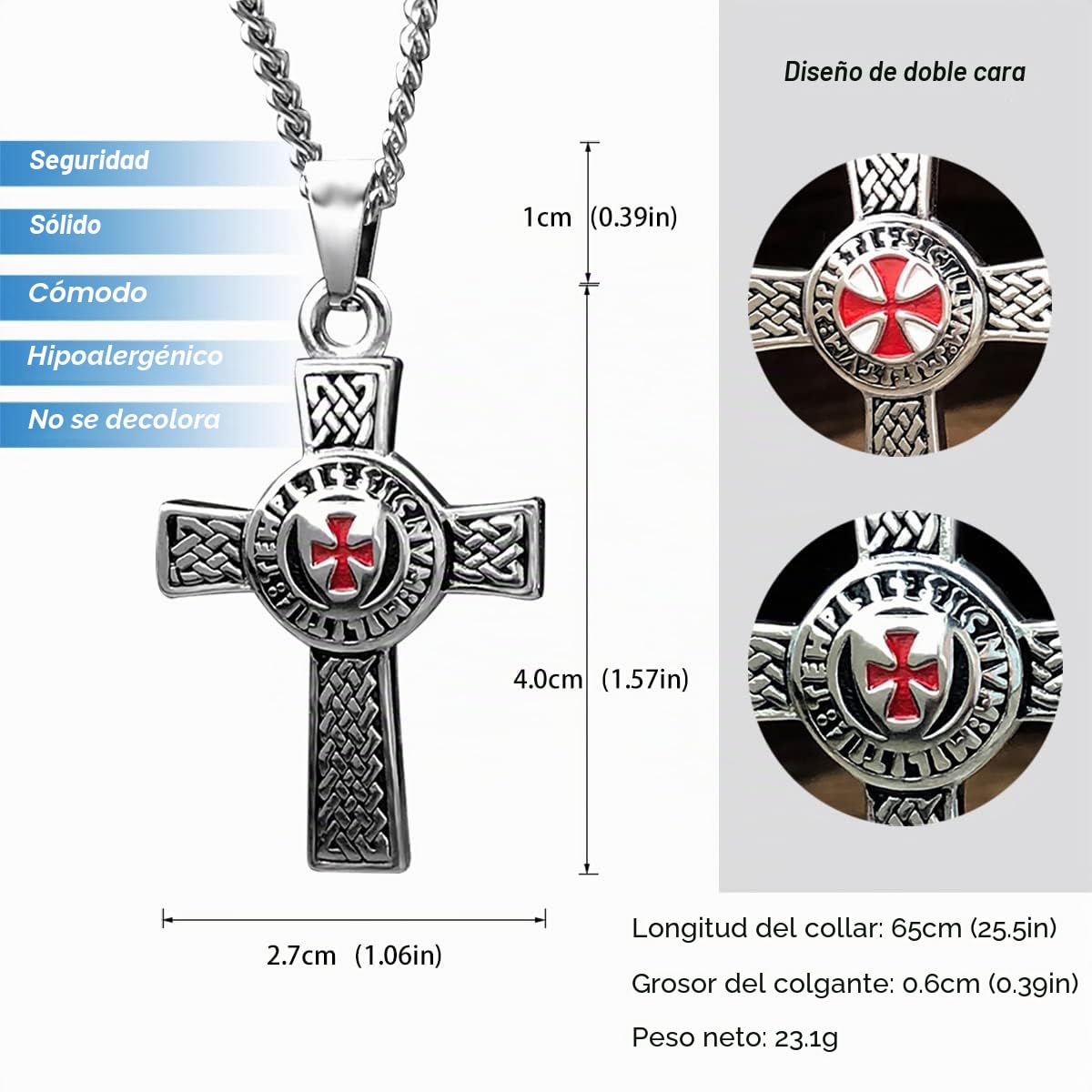 bahamut Collar con colgante de cruz templaria de caballeros templarios para hombres y niños, joyería vintage de acero inoxidable con cadena de 63,5 cm