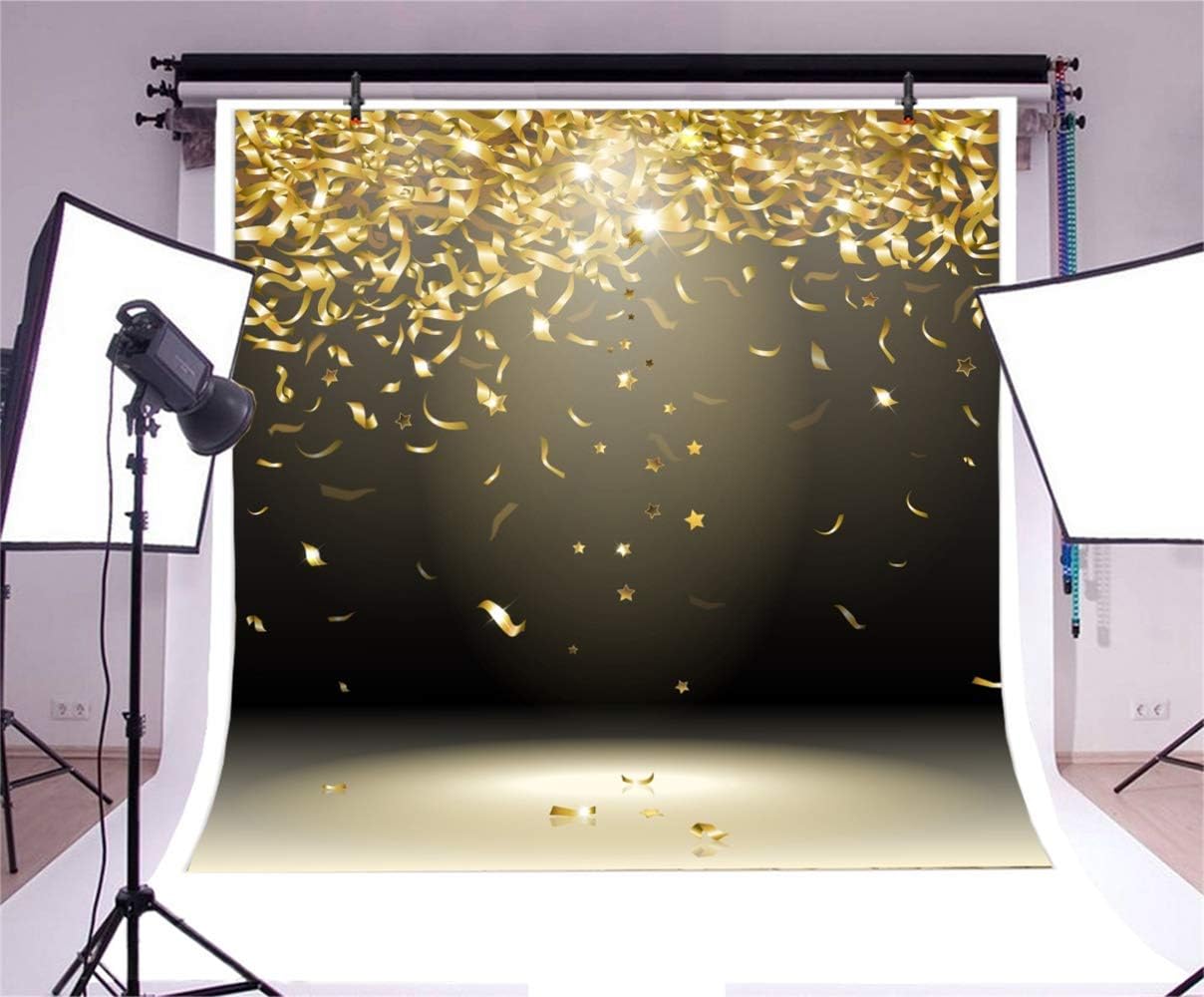 Bеѕt Dеаl Chеар 🛒 Laeacco 8x8ft Golden Confetti Ribbon Birthday Backdrop Abstract Black Stage Carnival Victory Party Award Ceremony Photo Backdrop Christmas New Year Eve Party Graduation Party Prom Photo Studio Prop