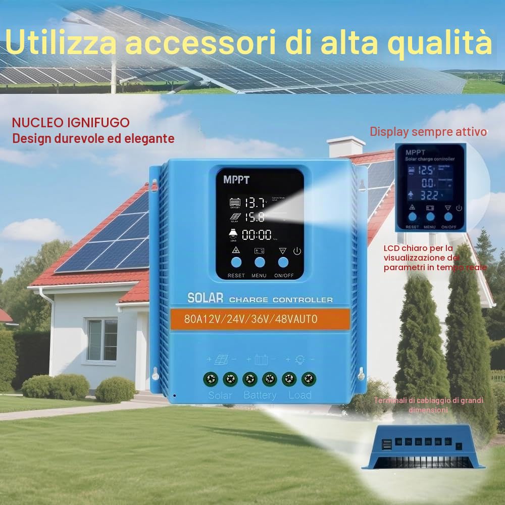 Regolatore di Carica Solare Intelligente 80A MPPT, Rilevamento Automatico 12V/24V/36V/48V, Ingresso PV Max 100V, Display LCD, Doppio USB, per Batterie Piombo/Litio (LiFePO4)