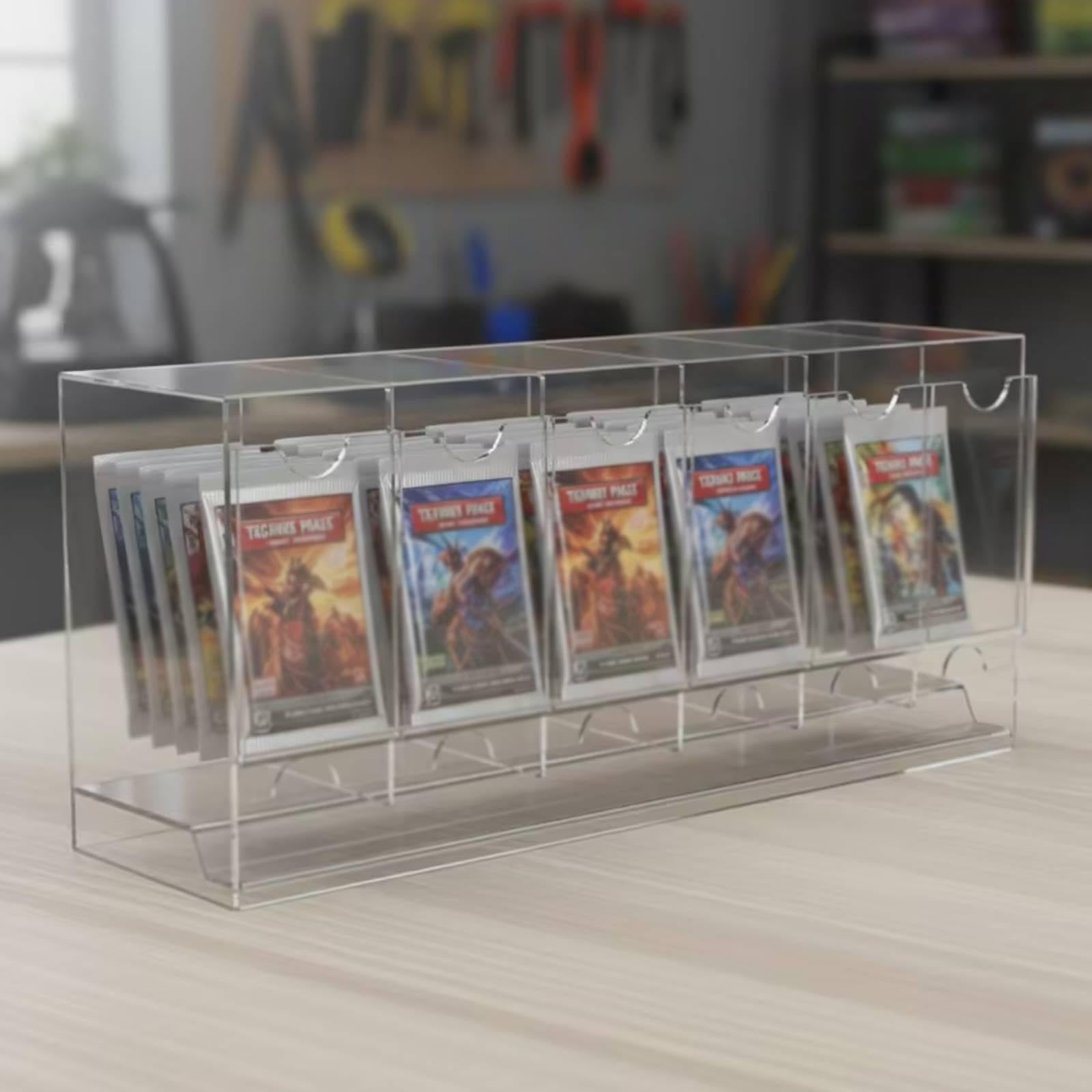 Distributeur de Boosters Organiseur Cartes Boîte Rangement Vitrine Présentoir Acrylique Rigide Dos Ouvert avec Cloisons pour Bureau Étagè, Transparent, 6 Emplacements