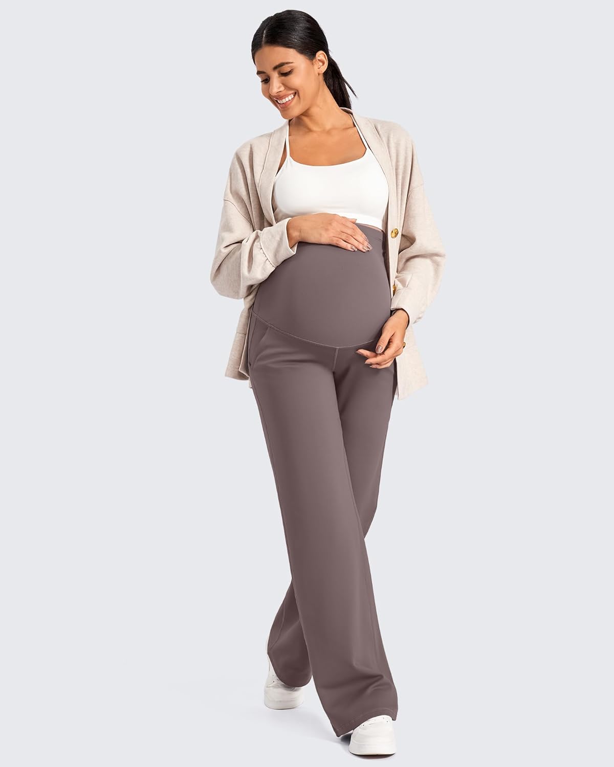 G4Free Fleece Lined Maternity Yoga Pants Over The Belly Stretchy Wide Leg Warm Pregnancy Work Trousers with Pockets - Image 6