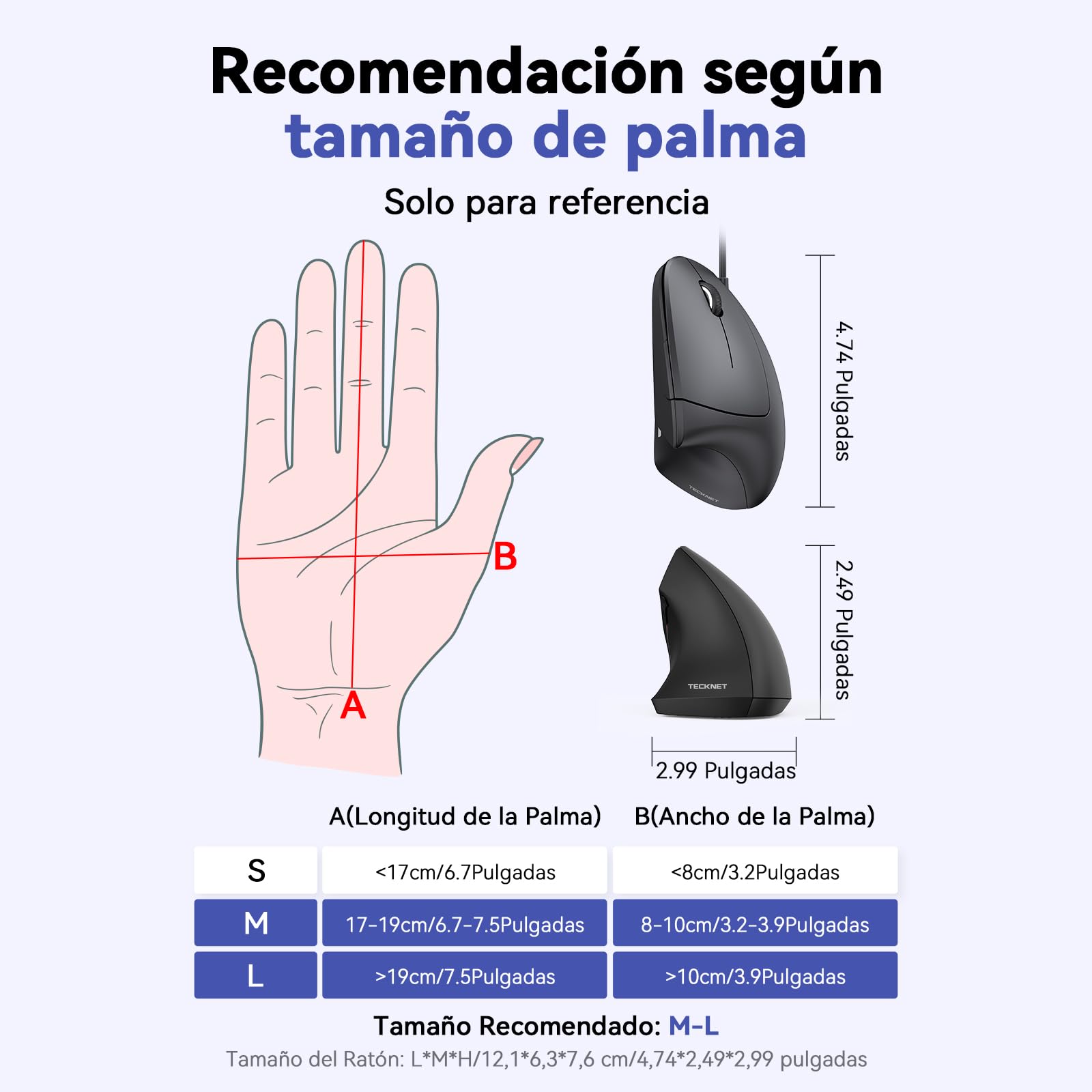 TECKNET Ratón Vertical con Cable Ergonómico Silencioso, 6400DPI 4 Niveles Ajustables, USB 1,5 m, 6 Botones, para Laptop, Desktop, PC, Macbook (Negro)