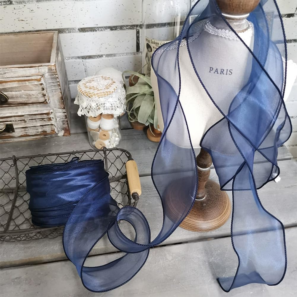 CABODYALS 35M 55mm Dark Blue Sheer Ribbon Wide Navy Organza Transparent Roll Clear Chiffon Tulle Wrapping Shimmer Wave Ribbons for Gift Making Flower Christmas Wedding Bouquets Invitations Decoration - Image 3