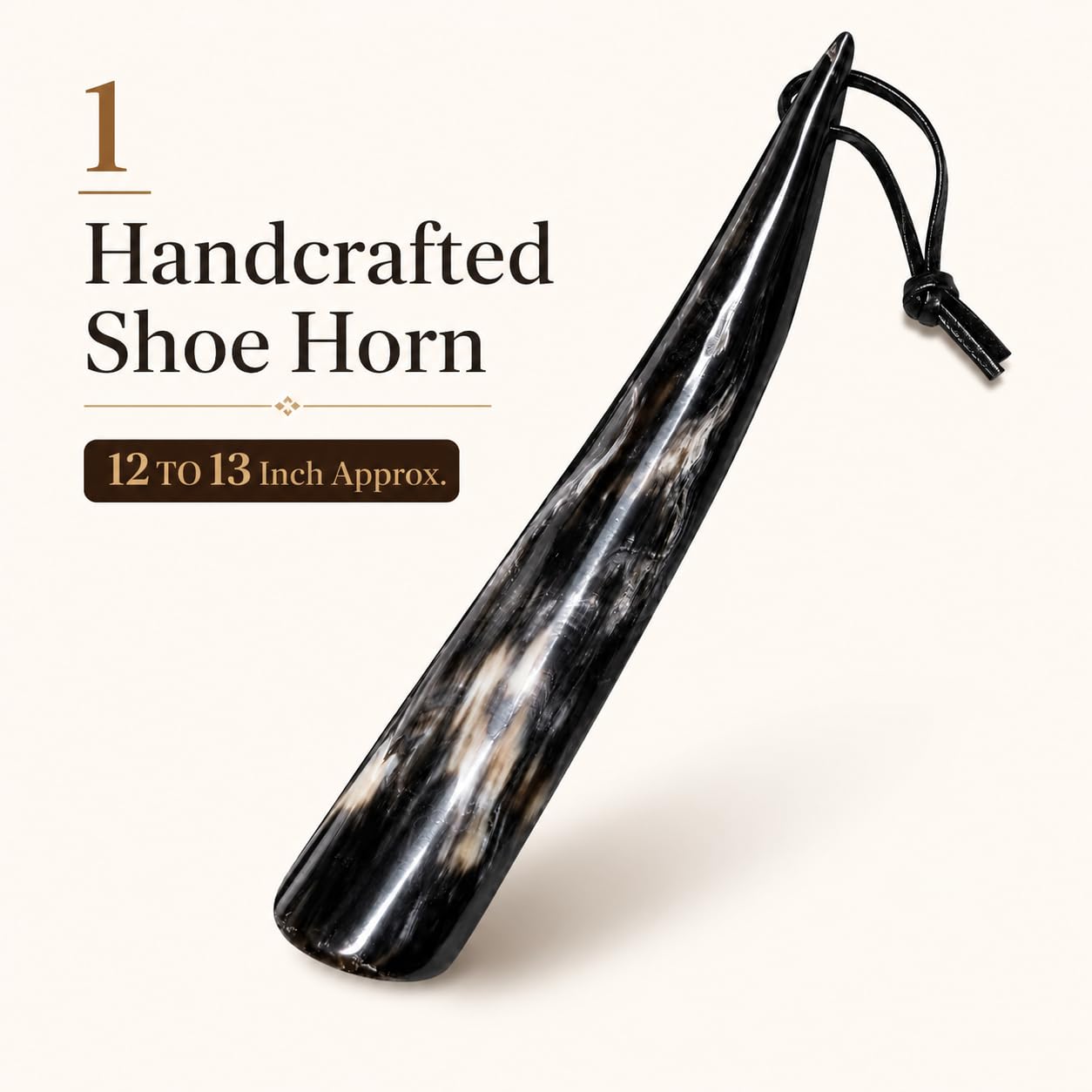 Handgefertigter Schuhlöffel mit Lederriemen – Größe von 33 cm lang, gut verspiegeltes Glas, hergestellt aus originalen Hörnern, unzerbrechlich, Braun-Schwarz-Mischung, X-Large