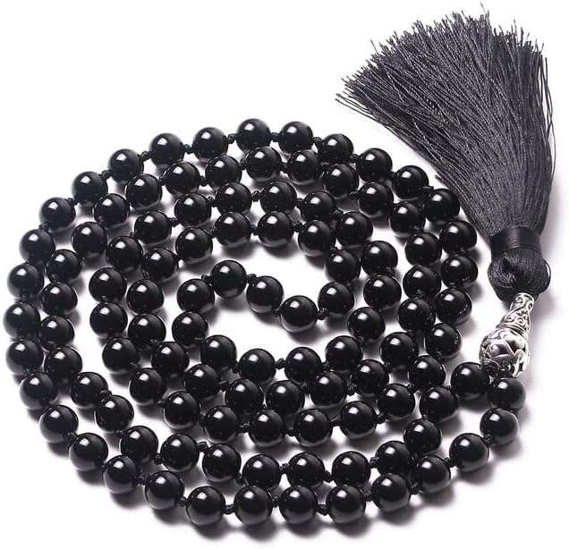 Collar de cuentas de oración de mala, de jade negro natural, una ronda completa - 108 collares Pulsera AAA de piedras preciosas Japa (collar Mala)