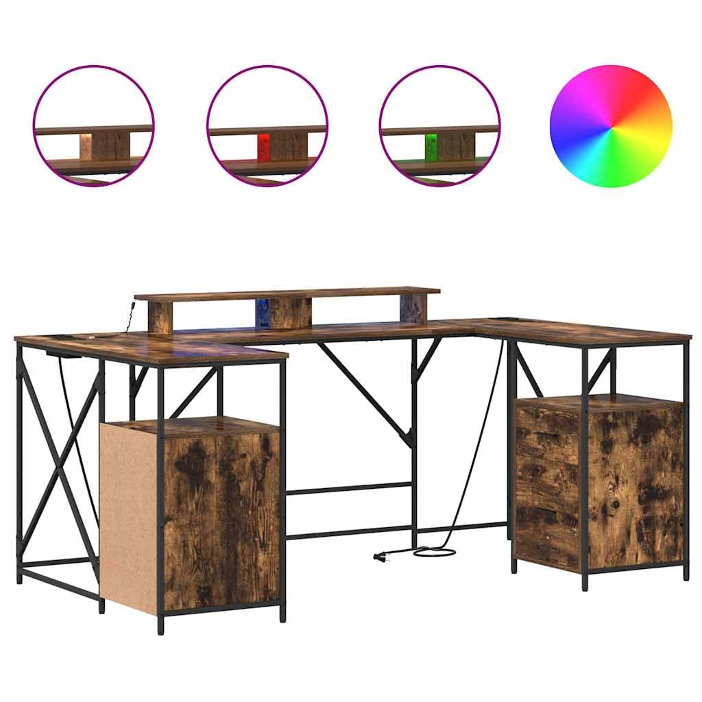 Scrivania affumicatura 182 x 101 x 87,5 cm, materiale in legno, con spazio di archiviazione, illuminazione a LED, gestione cavi, per casa, ufficio, design moderno