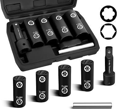 6PCS 1/2"Dr Metric Flip Wheel Thin Wall Socket & Lug Nut Socket Set, 17mm, 19mm, 21mm, 22mm Dual-End Thin Wall Nut Sockets, Double Sided Lug Nut Extractor, Rusted, Stripped, Stuck Locking Nut