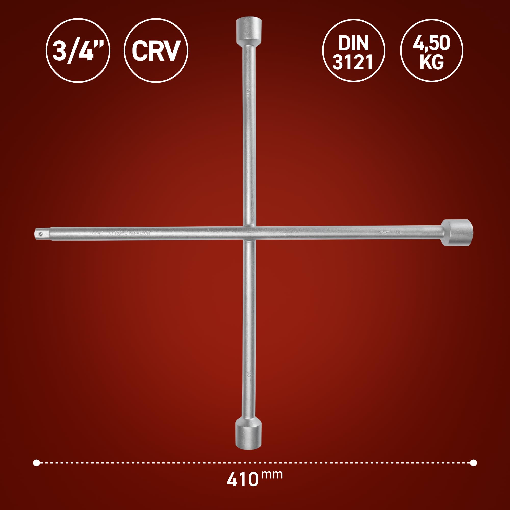 Klucz krzyżak do kół 3/4 cala, CrV 27/30/32 mm, 700 mm | Stal CrV, DIN 3121, Końcówka kwadratowa 3/4 cala, Ø22 mm, 4,50 kg