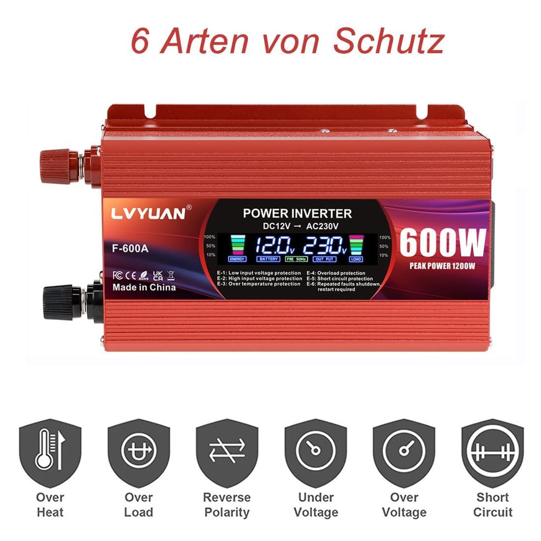 LVYUAN 600W/ 1200W Convertidor de tensión CC 12 V a CA 220V Convertidor de Corriente Inversor para Coche, Autocaravana, camión