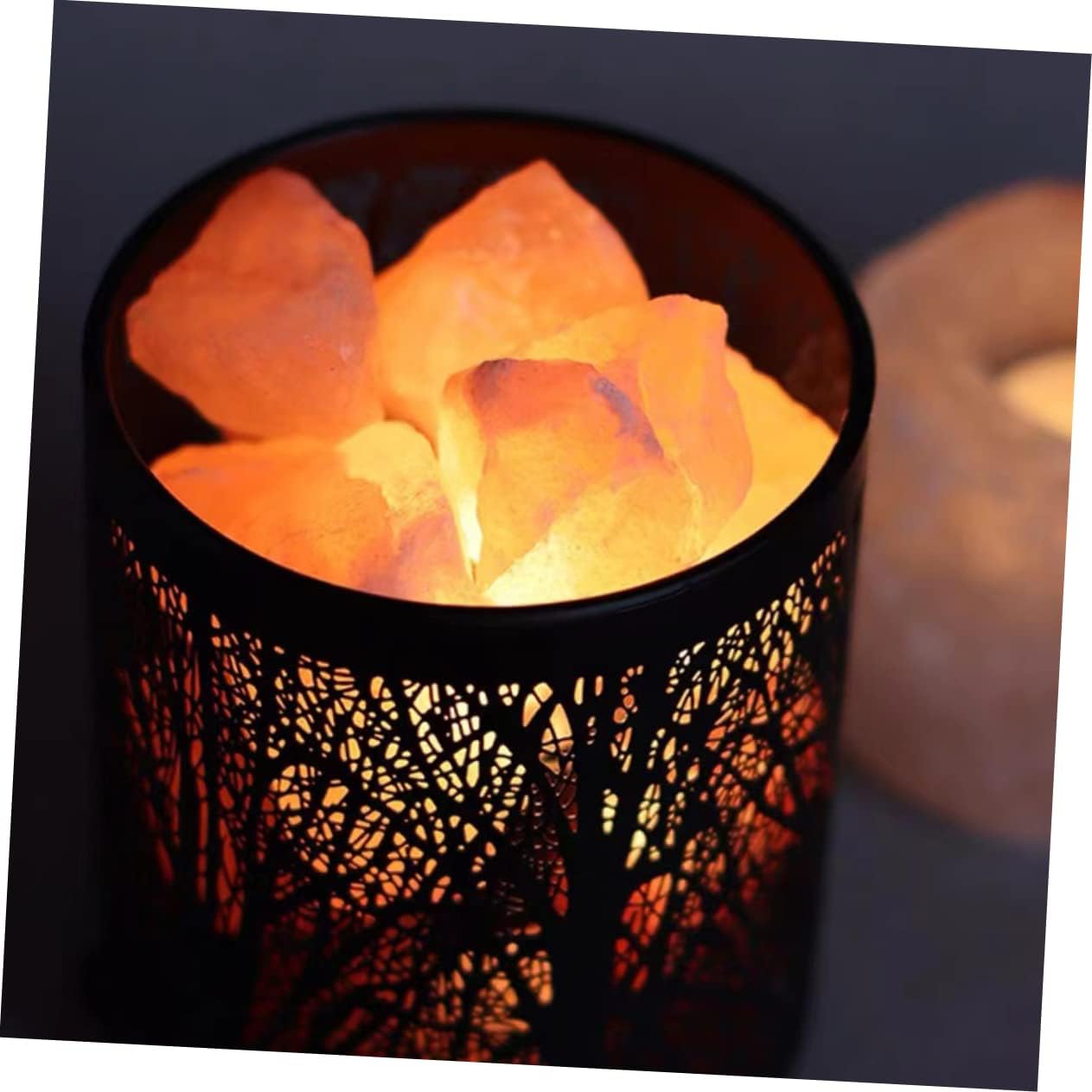 Healifty Himalayan Salt Night Light with Metal Basket Accent Lamp for Bedroom Living Decor Small Table Lamp with Iron Frame for Bedside Desk Indoor Decorative Nightstand Lighting US Plug