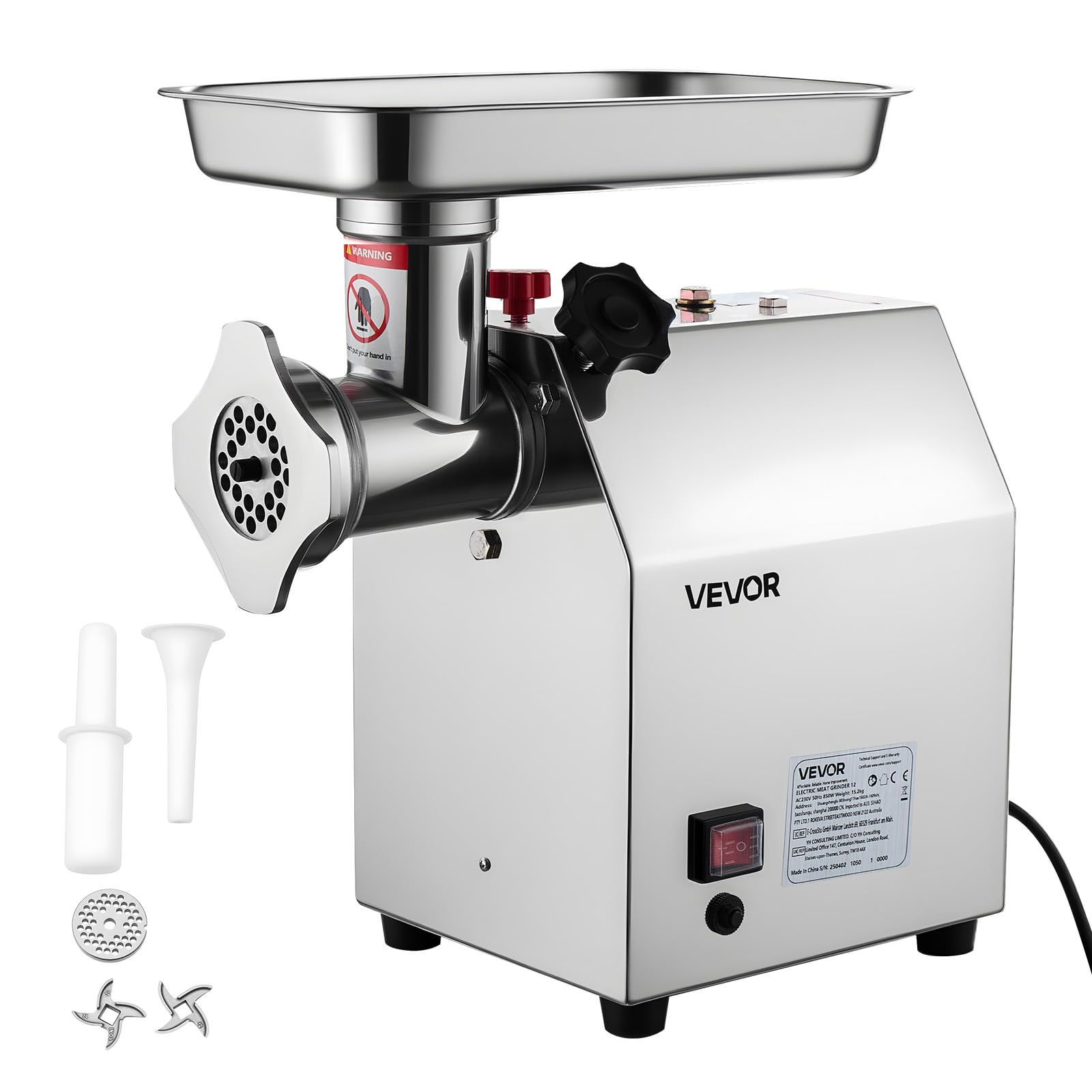 VEVOR Hachoir à viande électrique, capacité de 2,49 kg/min, poussoir à saucisses industriel de comptoir avec lame, plaque de broyage, hachoir commercial en acier inoxydable pour cuisine et restaurant