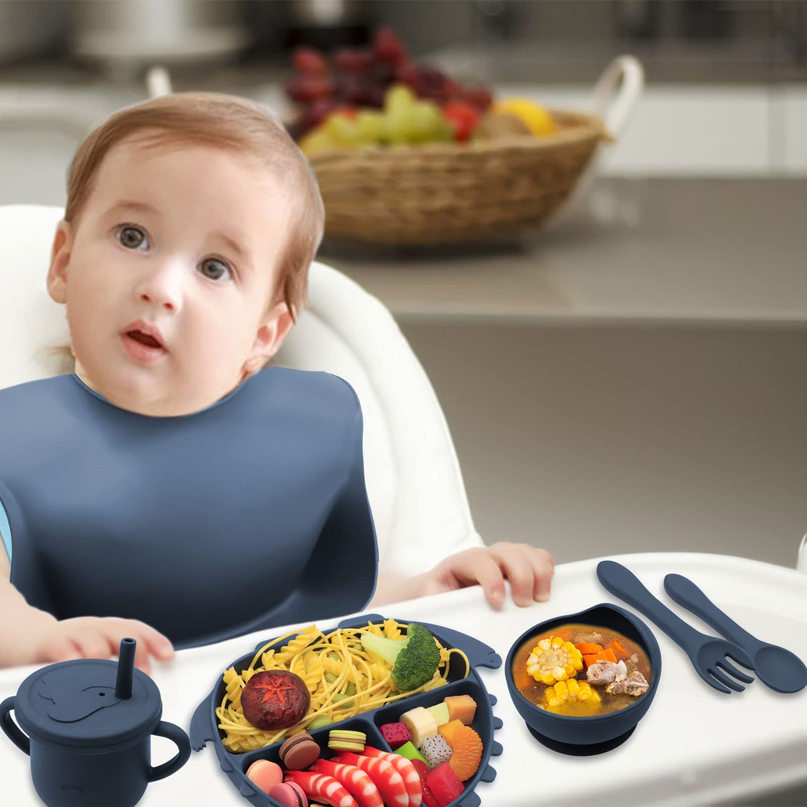 Delven Silicone Assiette pour Bébé Set Vaisselle 8 Pièces Antiderapant Coffret Repas avec Ventouse Bol CuillèRe Fourchette Bavoir Tasse Couvercle sans BPA Set Repas pour Enfant Garçon,Bleu Dinosaure