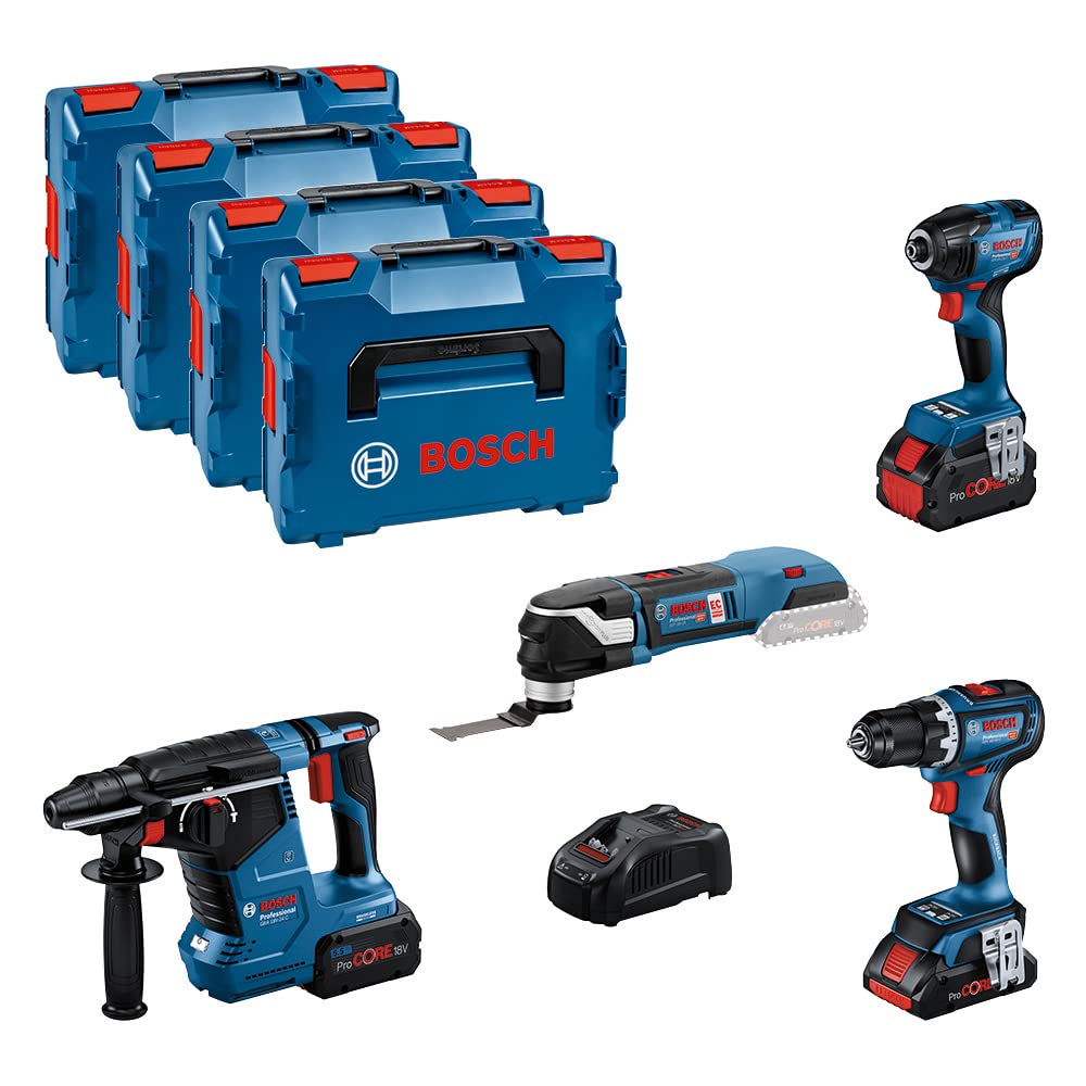 Bosch Professional 18V System GSR 18V-90 C +GDR 18V-210 C +GBH 18V-24 C +GOP 18V-28 - Set atornillador +ator. impacto +martillo +multiherramienta (2 bat. ProCORE 5.5Ah, 1 bat. ProCORE 4.0Ah, L-BOXX)