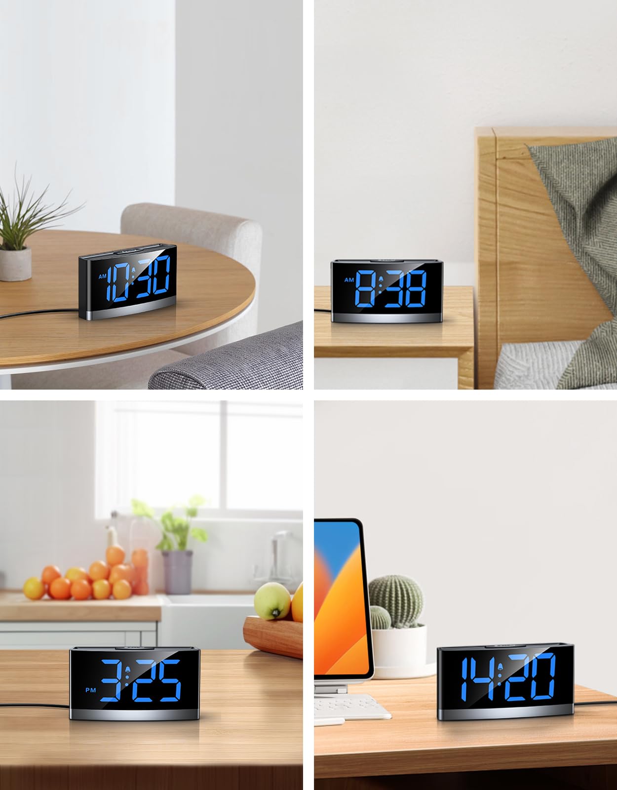 Reloj Digital para Dormitorios, Despertador Inteligente con Números LED Azules, 5 Niveles de Brillo & Volumen, 3 Tonos de Alarma, Snooze, 12/24H, Alimentado por USB (Adaptador No Incluido)