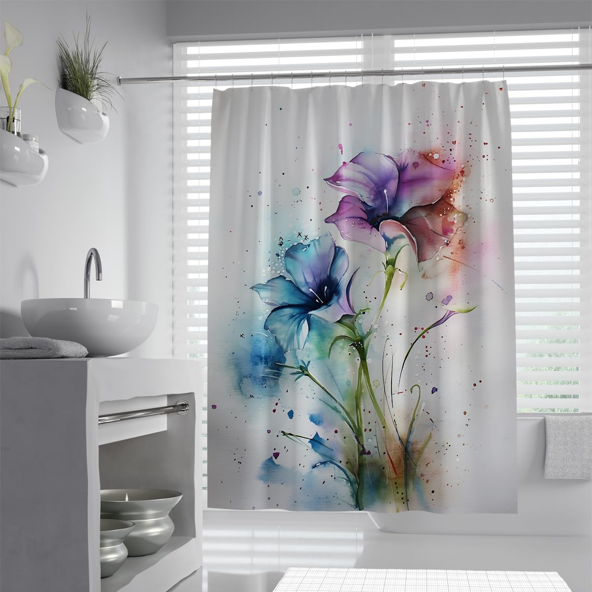 Rideau Douche Artistique en Fleur lys avec Crochets, décoration Salle Bain Aquarelle en Fleur Bleu Sarcelle Violette vibrante, Rideau Bain en Tissu botanique Abstrait Moderne W220xL180 cm