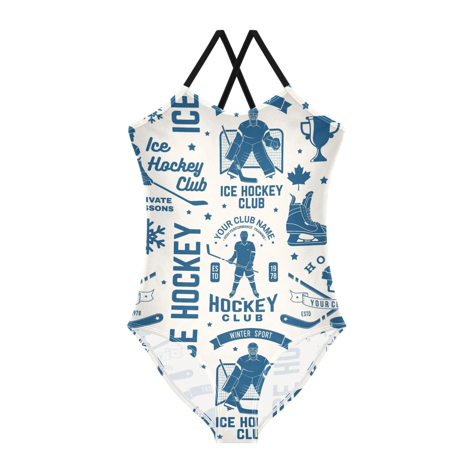 Ice Hockey Girls One Piece Swimsuits Retro Sport Halter Swimwear Beach Bathing Suit 9-10T Multi