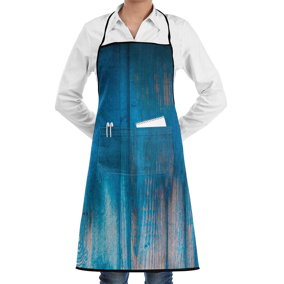 QIAOJI Wood Paint Blue Stripes Faction Unisex Kitchen Cooking Garden Apron iuml frac14 OElig Convenient Adjustable Sewing Pocket Waterproof Chef Aprons