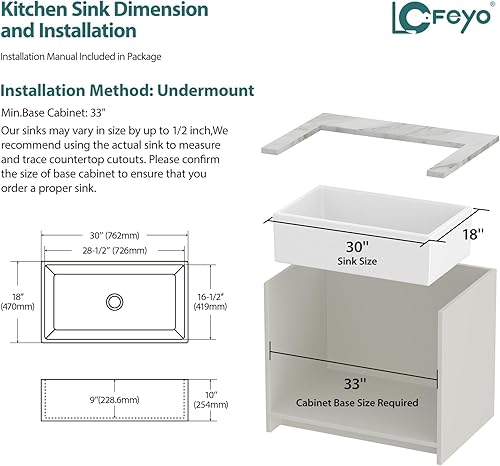 Miniatura 7 de Fregadero de granja blanco de 30 x 18 pulgadas, fregadero de granja de 30 pulgadas, delantal frontal de arcilla refractaria, fregadero rectangular