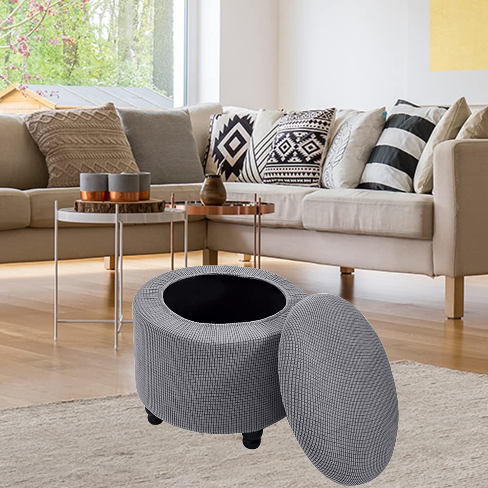 XMNTG Stretch Ottoman Slipcover Grey Folding Storage Foot Stool Cover Soft Thick Jacquard Fabric Round Slipcover Removable Washable Furniture Protector with Elastic Bottom for Living Room (Grey)
