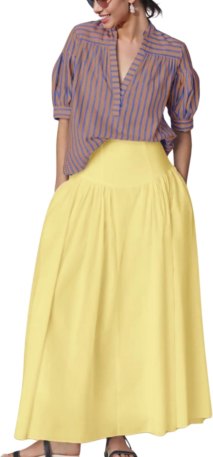 Womens Summer Pleated V Neck T Shirts Short Sleeve Casual Loose Blouses Striped Tunics Swing Top - Image 2