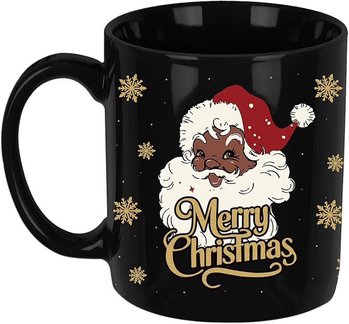 Black Santa Christmas Mug, Merry Christmas Coffee Mug, 11oz African American Drinking Cup, Holiday Party Cups for Table Decorations, Funny Xmas White Elephant Gifts for Women Men Coworkers