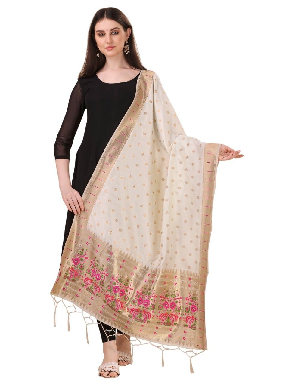 Women's Woven Banarasi Silk Paithani Dupatta/Chunni with Thread Work and Zari Motifs - Fancy Chunni for Women and Girls - Size: 1M x 2.3M in Multicolor-picture-45