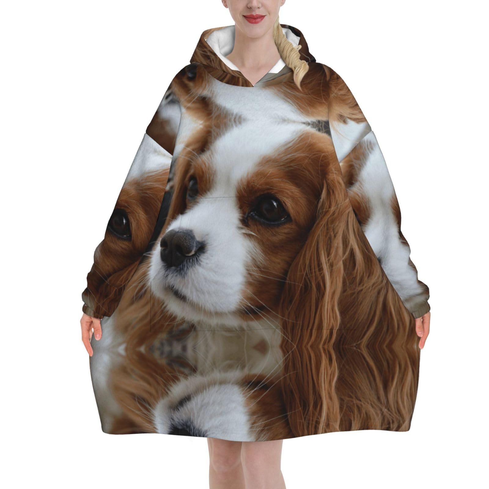 Poadnly Unisex As Picture Cute Cavalier King Charles Spaniel,Women's Oversized Wearable Blanket Hoodie, Blanket Sweatshirt,Flannel Pullover Blanket
