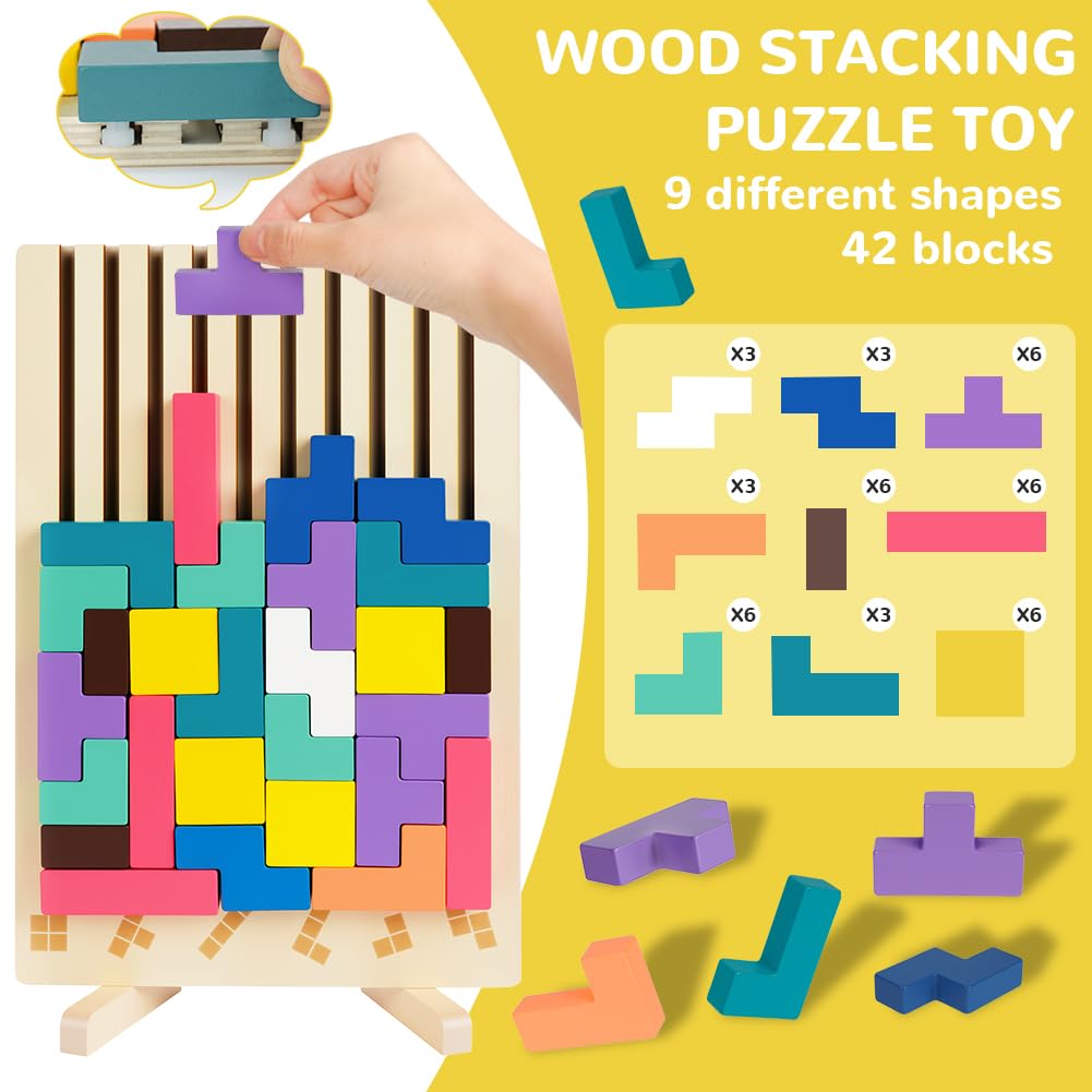 Ainiv 3D Wooden Building Blocks Stacking Toys, Interesting Children's Educational Toys, Colorful Jigsaw Puzzle Toys, Improve Color Recognition Ability and Spatial Imagination - Image 3